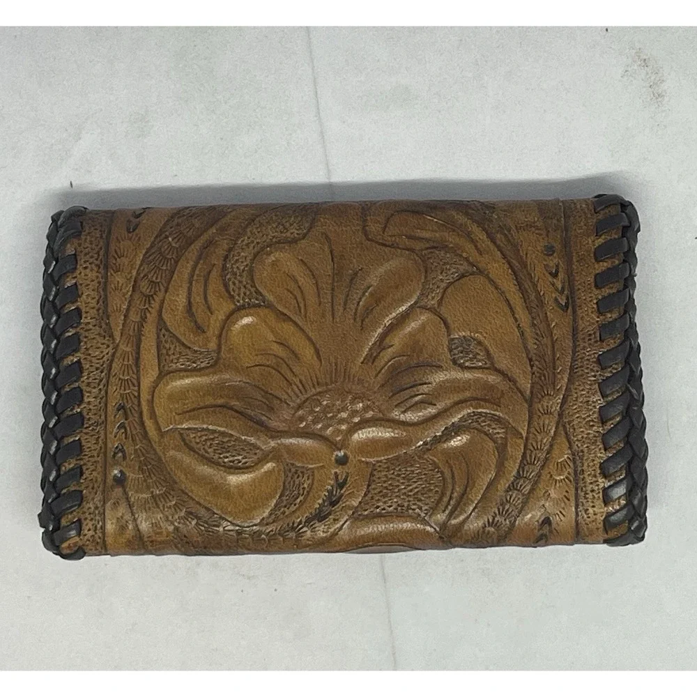 Vintage Hand Tooled Leather Key Case Holder Floral Whipstitch Western Brown
